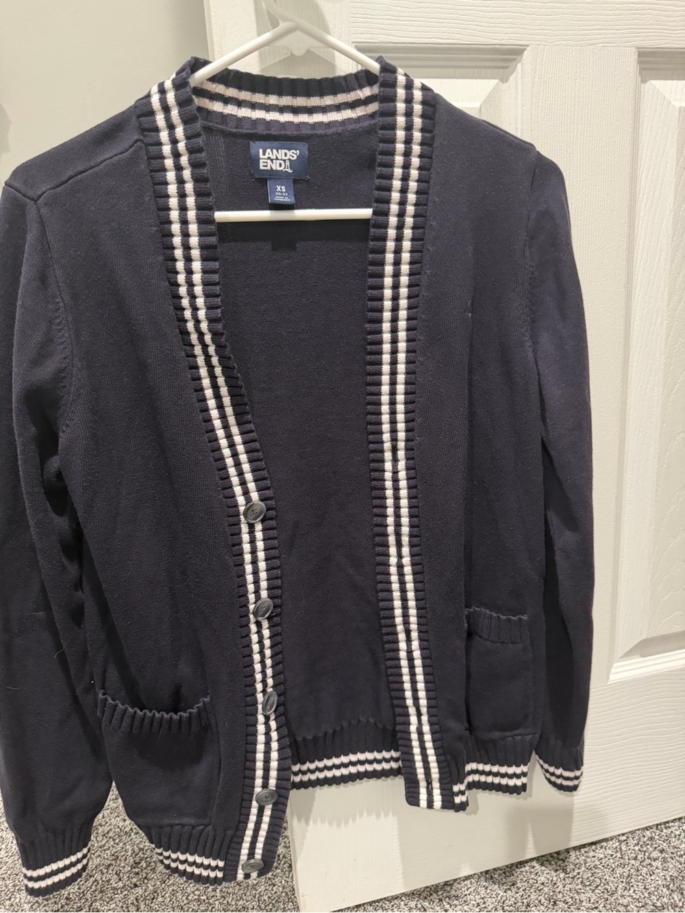JPMorgan Chase Unisex XS Lands' End Navy Cardigan with White Striped Trim